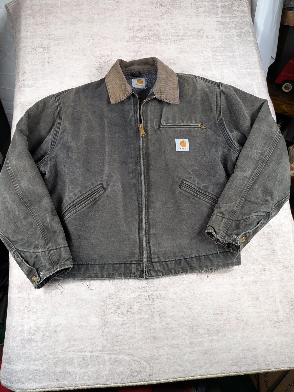 Vintage Carhartt J97 Sandstone Detroit Jacket Charcoal Gray Distressed Blanket L